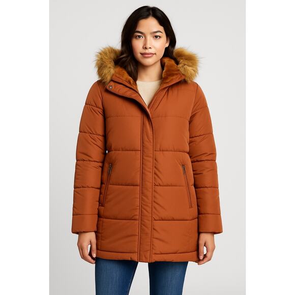 Be Boundless Rust Orange Faux Fur Hooded Puffer Coat | Size Small - Picture 1 of 5
